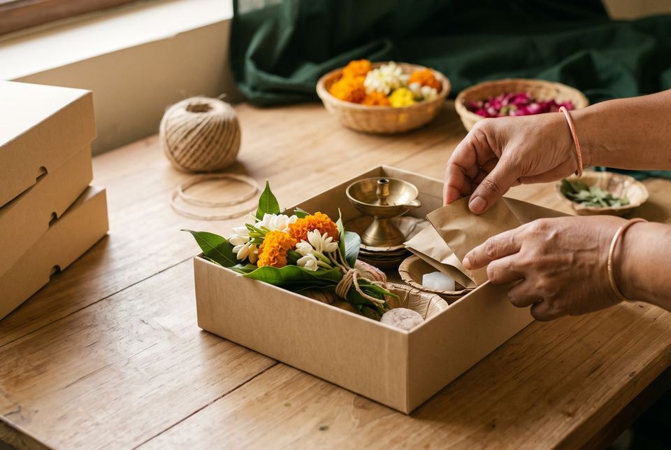 Hands tucking flowers, a brass lamp and wrapped items into a kraft box beside a stack of empty boxes.