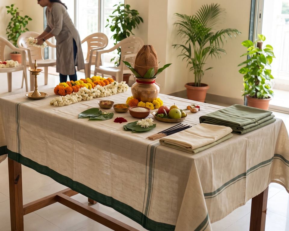 A long table set with a kalash, garlands, fruit and folded cloths in a community hall.