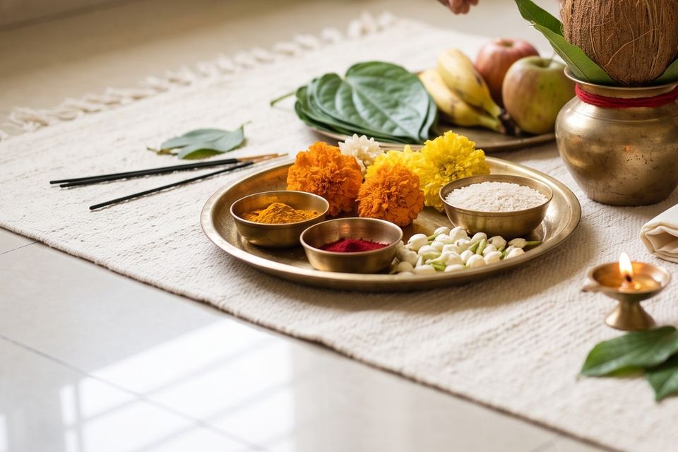 Hands placing a kalash beside a thali of turmeric, kumkum and flowers on a cotton mat.