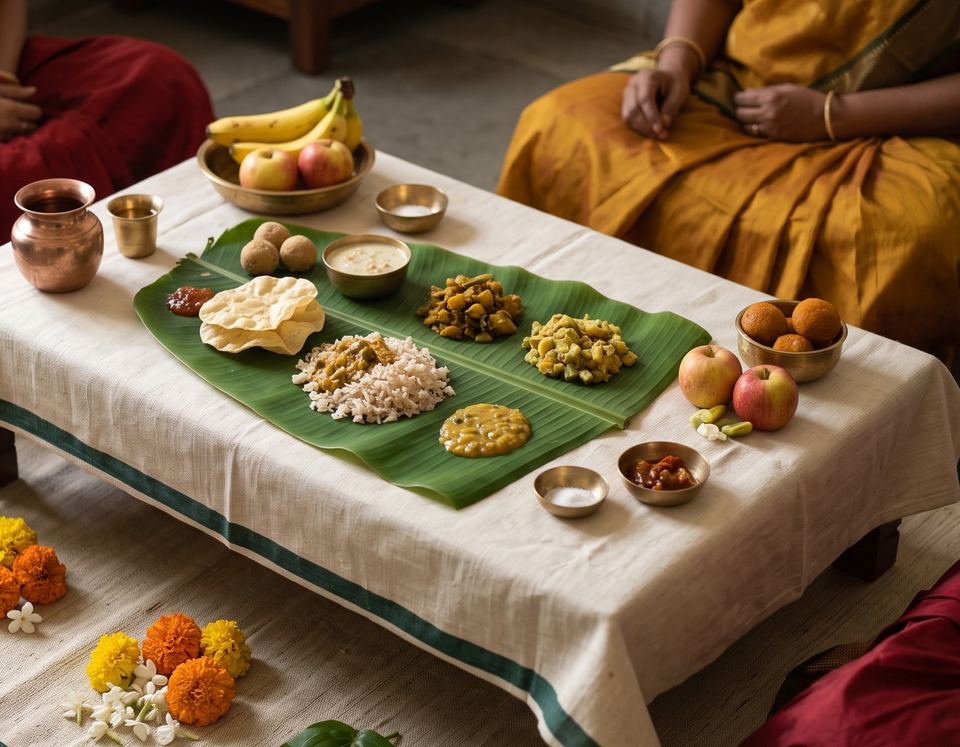 A vegetarian meal laid out on a banana leaf on a low table, with fruit and sweets beside it.