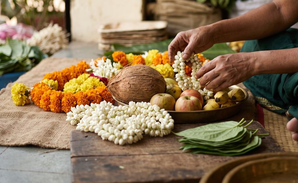 Strings of jasmine, marigolds, a coconut and fruit being arranged on a jute mat.