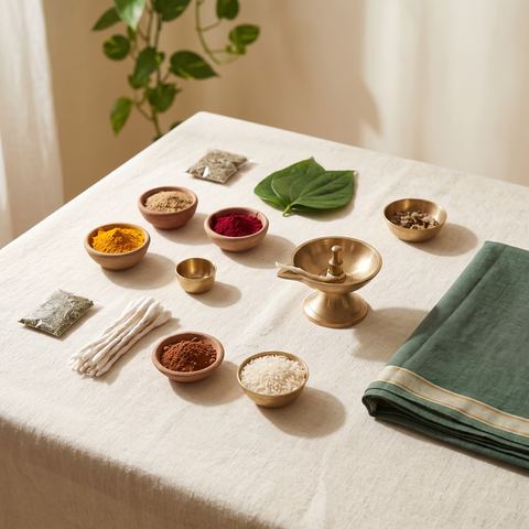 Small bowls of turmeric, kumkum, rice and incense with cotton wicks and a brass lamp.